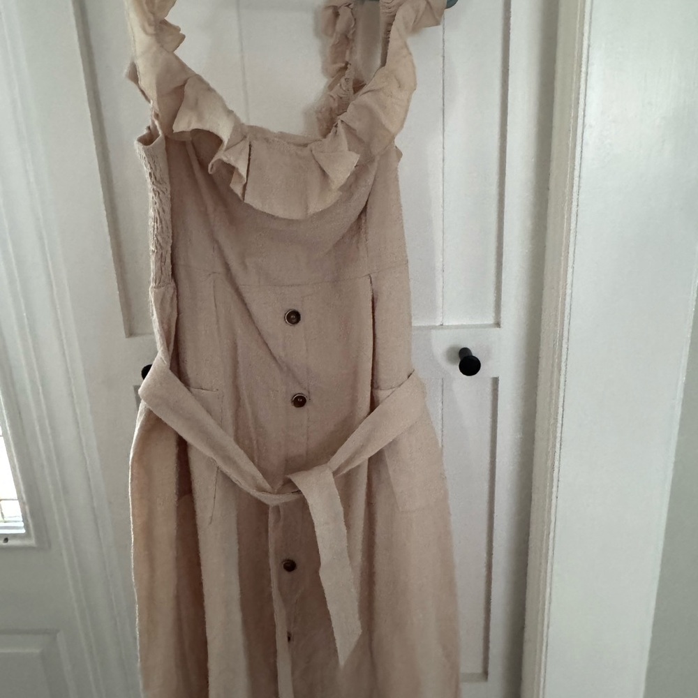 Cupshe Tan Midi Linen Belted Dress with Ruffle Straps